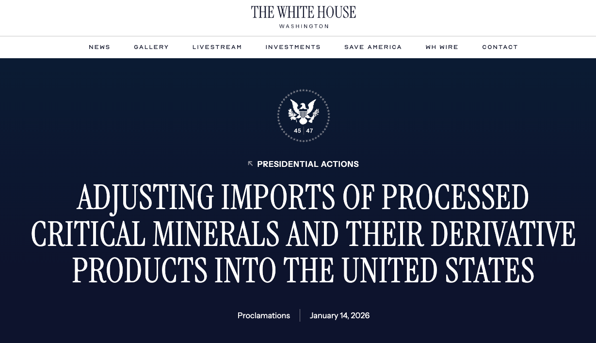 Adjusting Imports of Processed Critical Minerals and Their Derivative Products into the United States — Proclamations, January 14, 2026